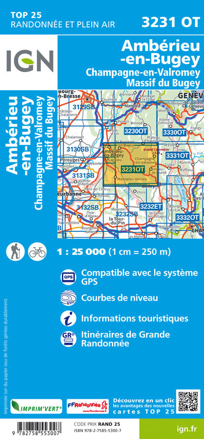 Carte TOP 25 n° 3231 OT - Ambérieu-en-Bugey, Champagne-en-Valromey, Massif du Bugey | IGN carte de randonnée IGN