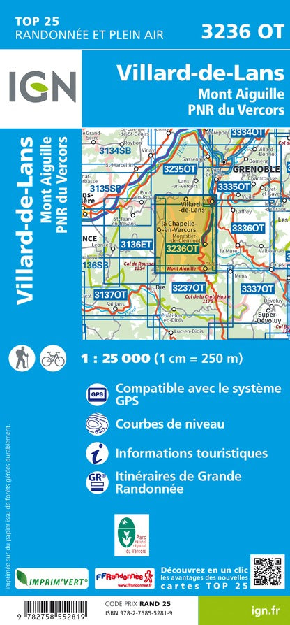 Carte TOP 25 n° 3236 OT - Villard-de-Lans & Mont Aiguille (PNR du Vercors, Alpes) | IGN carte de randonnée IGN