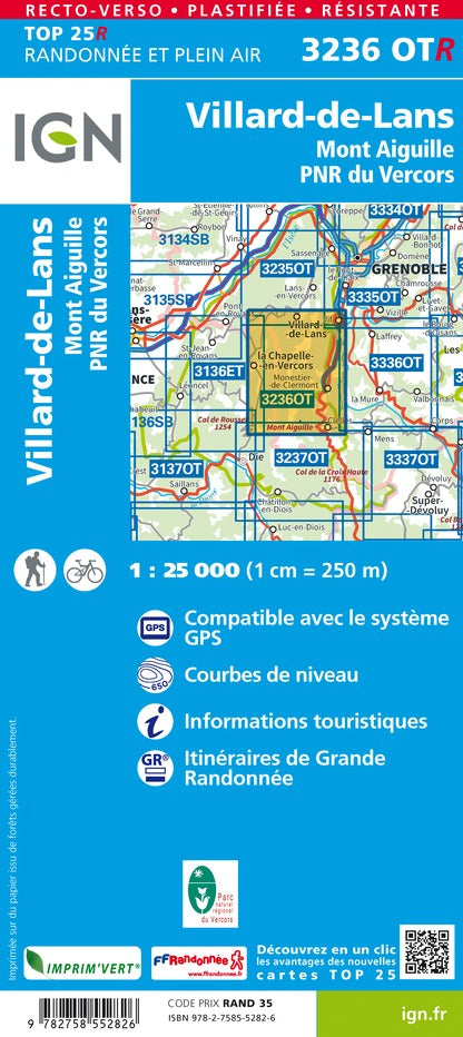 Carte TOP 25 n° 3236 OTR (résistante) - Villard-de-Lans, Mont Aiguille (PN du Vercors, Alpes) | IGN carte pliée IGN 