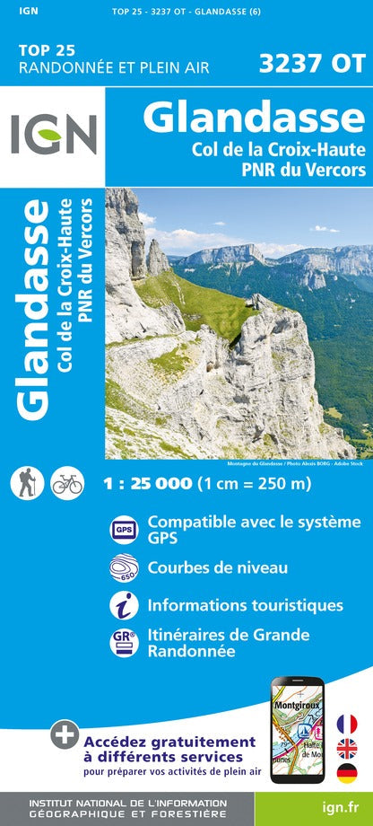Carte TOP 25 n° 3237 OT - Glandasse & Col de la Croix-Haute (PNR du Vercors, Alpes) | IGN carte pliée IGN 