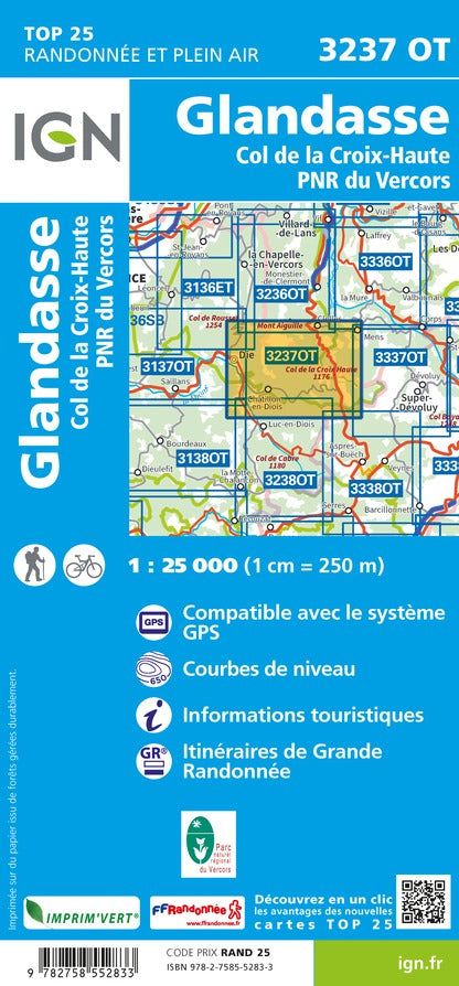 Carte TOP 25 n° 3237 OT - Glandasse & Col de la Croix-Haute (PNR du Vercors, Alpes) | IGN carte pliée IGN 
