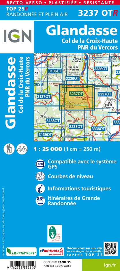 Carte TOP 25 n° 3237 OTR (Résistante) - Glandasse & Col de la Croix-Haute (PNR du Vercors, Alpes) | IGN carte pliée IGN 