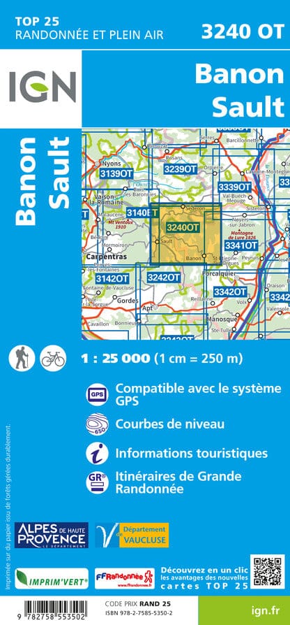 Carte TOP 25 n° 3240 OT - Banon, Sault | IGN carte de randonnée IGN