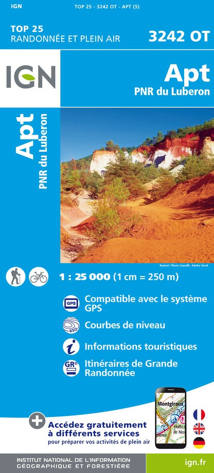 Carte TOP 25 n° 3242 OT - Apt & Parc Naturel Régional du Lubéron | IGN carte pliée IGN 