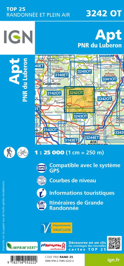 Carte TOP 25 n° 3242 OT - Apt & Parc Naturel Régional du Lubéron | IGN carte pliée IGN 