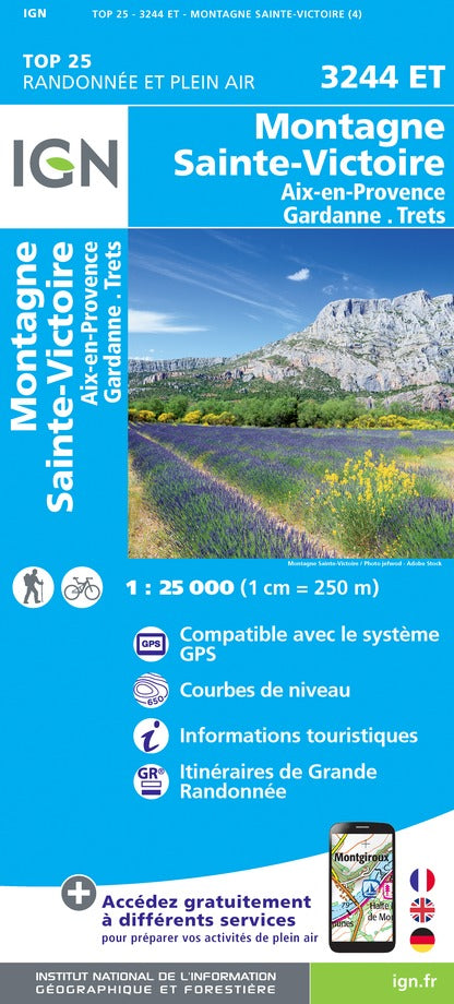 Carte TOP 25 n° 3244 ET - Montagne Sainte Victoire, Aix en Provence, Gardanne & Trets | IGN carte de randonnée IGN