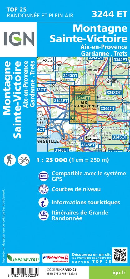 Carte TOP 25 n° 3244 ET - Montagne Sainte Victoire, Aix en Provence, Gardanne & Trets | IGN carte de randonnée IGN