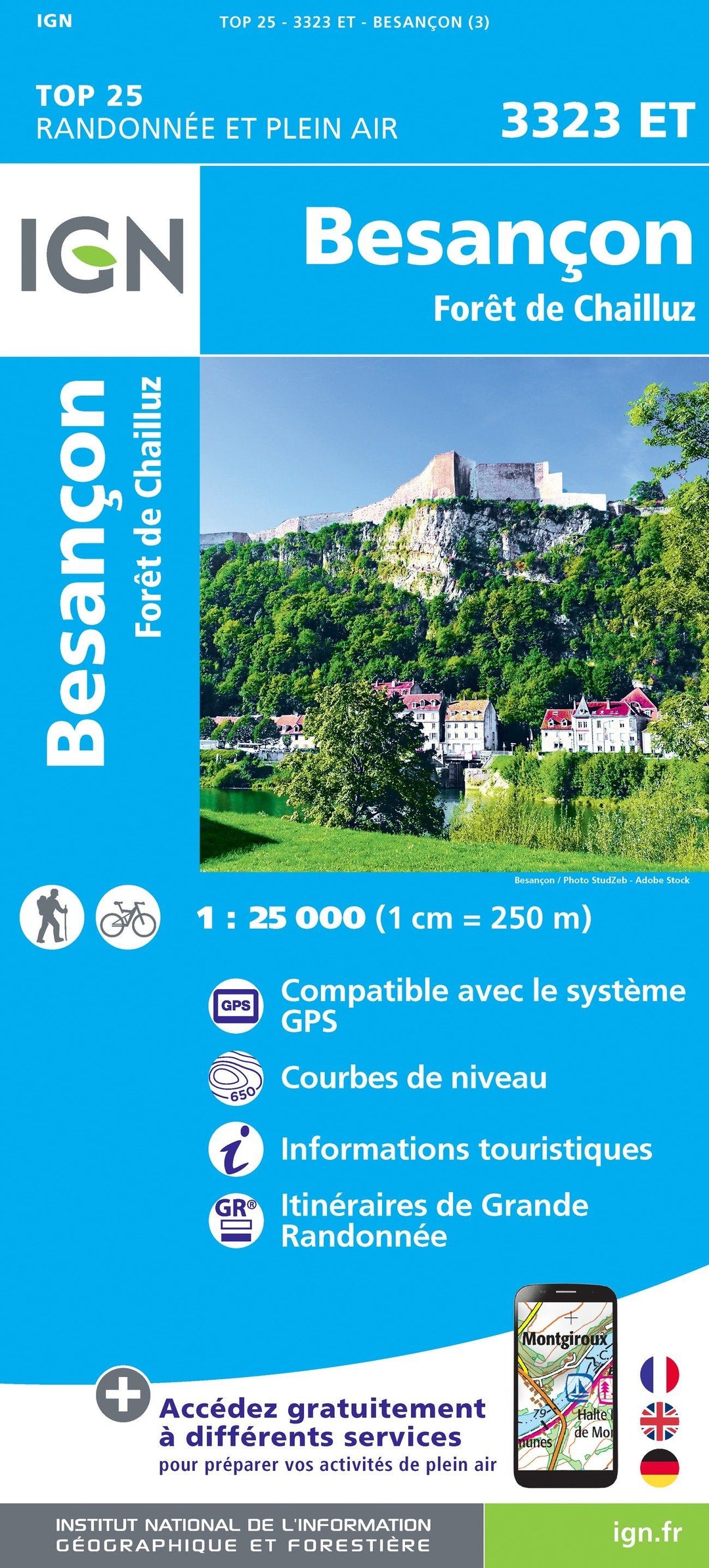 Carte TOP 25 n° 3323 ET - Besançon, Forêt de Chailluz | IGN carte pliée IGN 