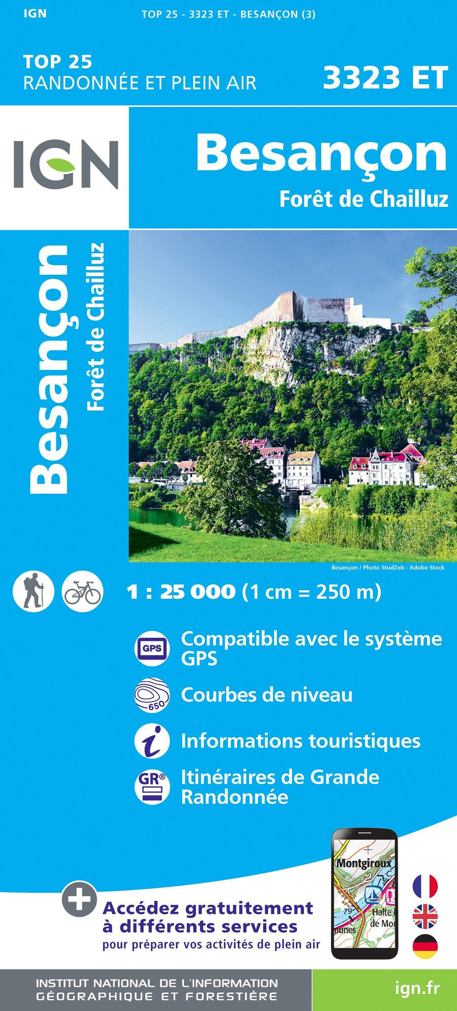 Carte TOP 25 n° 3323 ET - Besançon, Forêt de Chailluz | IGN carte pliée IGN 