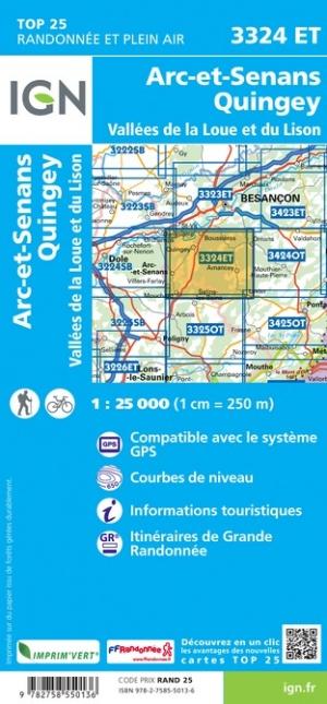 Carte TOP 25 n° 3324 ET - Arc-et-Senans, Quingey, Vallées de la Loue et du Lison | IGN carte de randonnée IGN