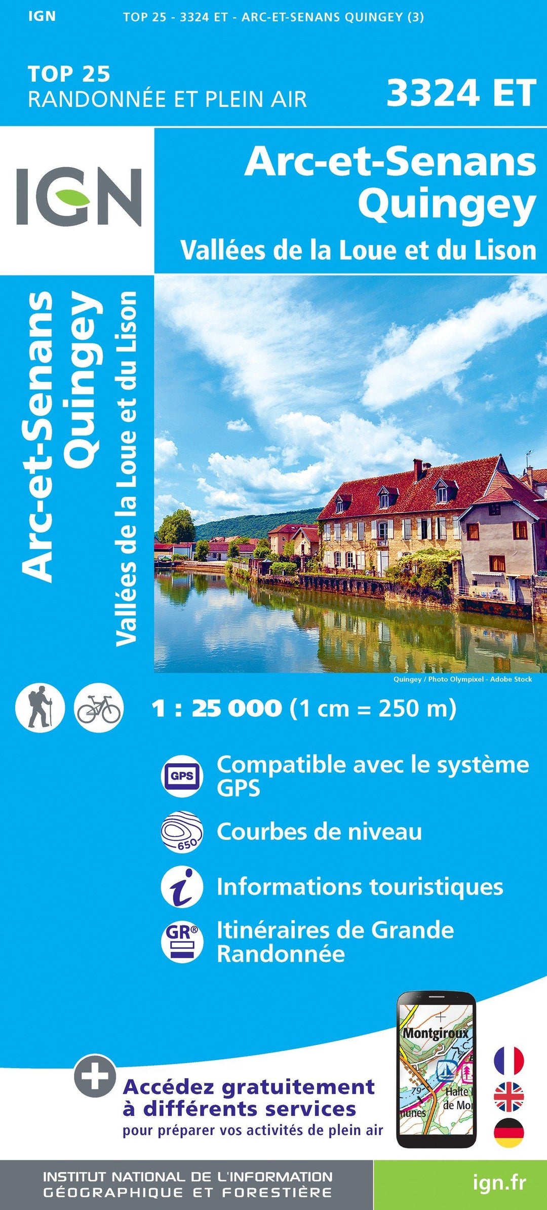 Carte TOP 25 n° 3324 ET - Arc-et-Senans, Quingey, Vallées de la Loue et du Lison | IGN carte pliée IGN 