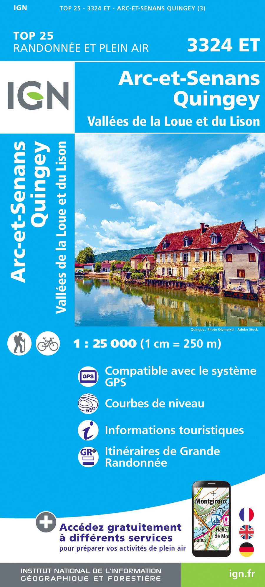 Carte TOP 25 n° 3324 ET - Arc-et-Senans, Quingey, Vallées de la Loue et du Lison | IGN carte pliée IGN 