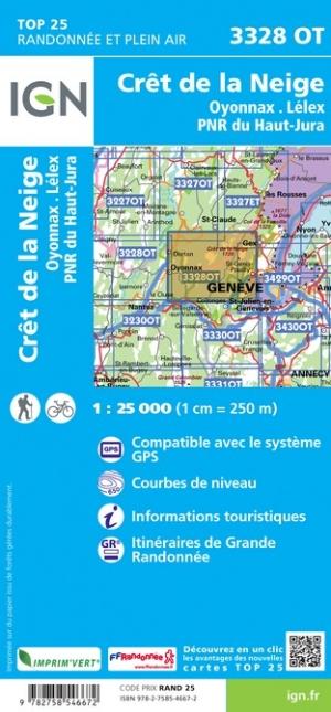 Carte TOP 25 n° 3328 OT - Crêt de la Neige, Oyonnax & Lélex (PNR du Haut Jura) | IGN carte de randonnée IGN