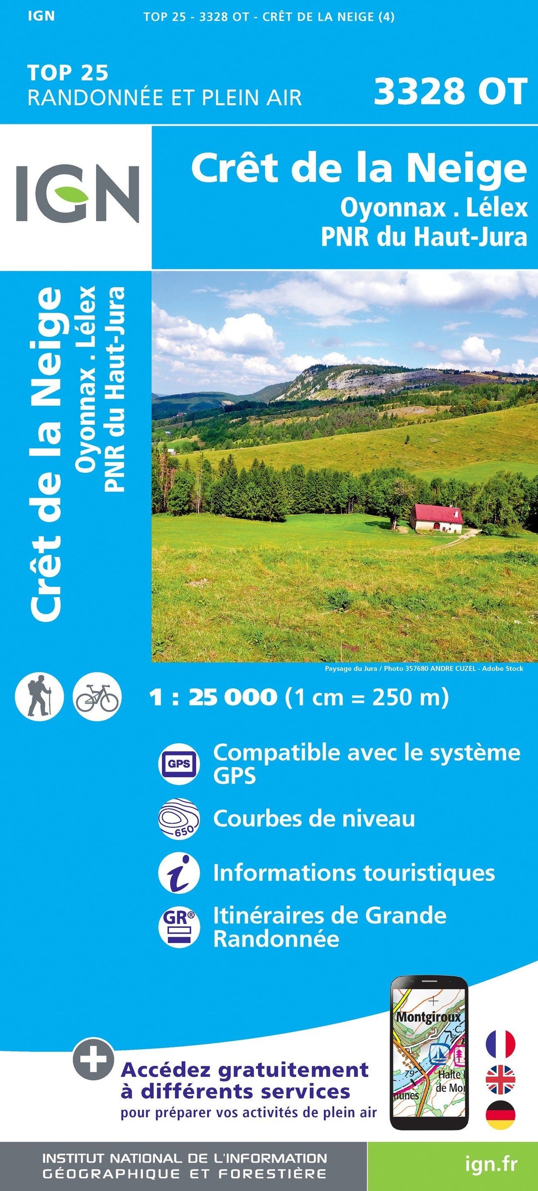 Carte TOP 25 n° 3328 OT - Crêt de la Neige, Oyonnax & Lélex (PNR du Haut Jura) | IGN carte pliée IGN 