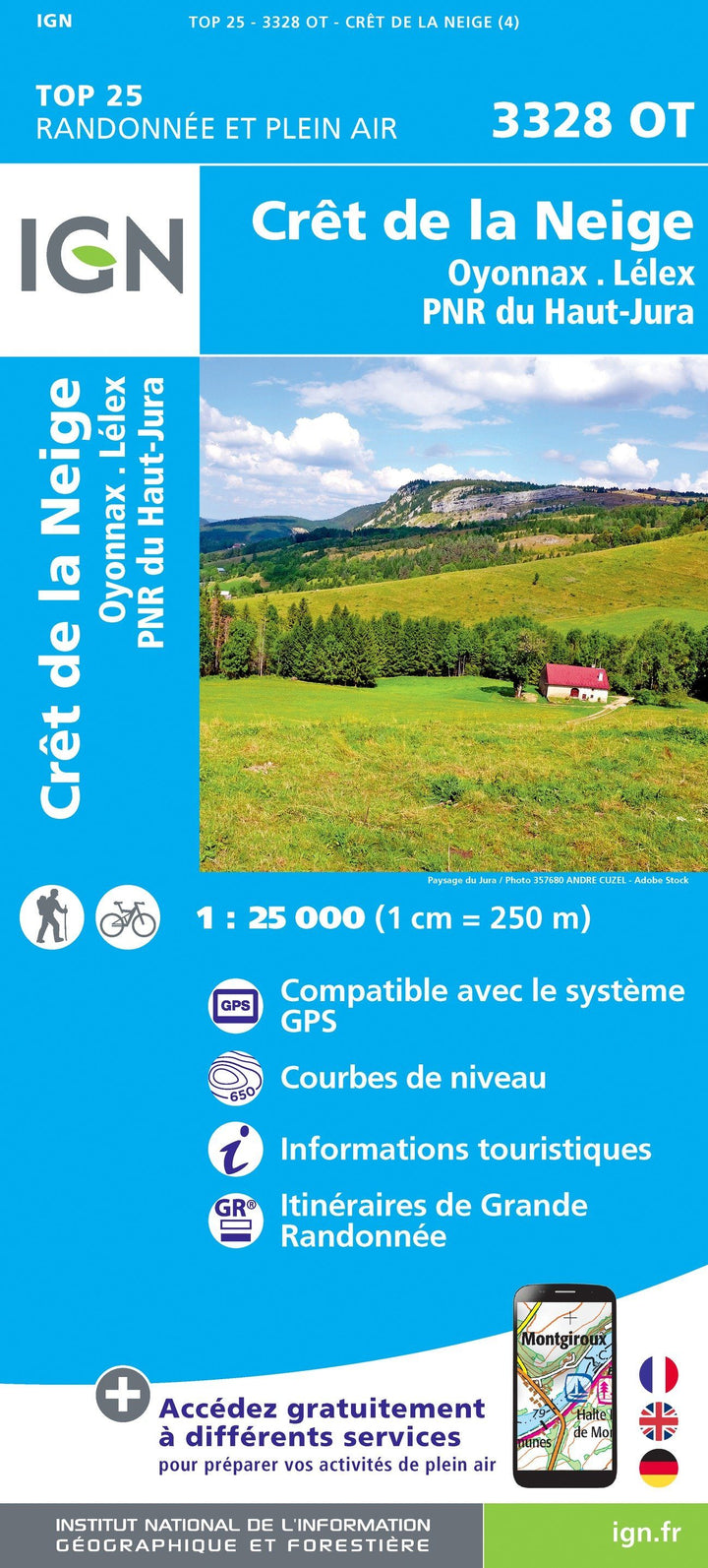 Carte TOP 25 n° 3328 OT - Crêt de la Neige, Oyonnax & Lélex (PNR du Haut Jura) | IGN carte pliée IGN 
