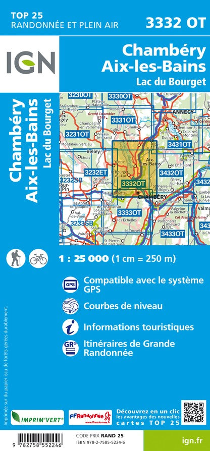 Carte TOP 25 n° 3332 OT - Chambéry, Aix-les-Bains & Lac du Bourget | IGN carte pliée IGN 