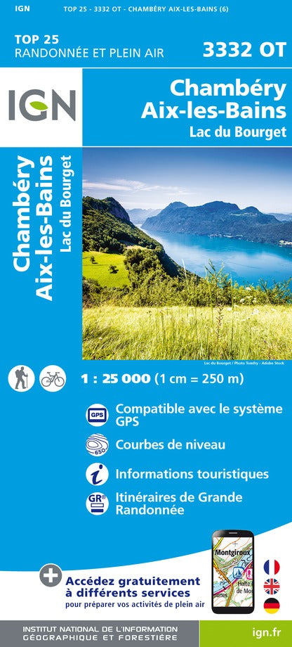 Carte TOP 25 n° 3332 OT - Chambéry, Aix-les-Bains & Lac du Bourget | IGN carte de randonnée IGN