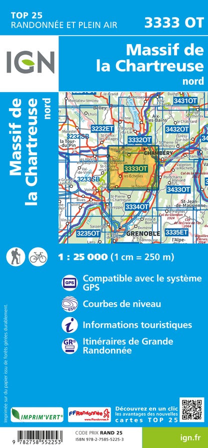 Carte TOP 25 n° 3333 OT - Massif de la Chartreuse Nord (Alpes) | IGN carte de randonnée IGN