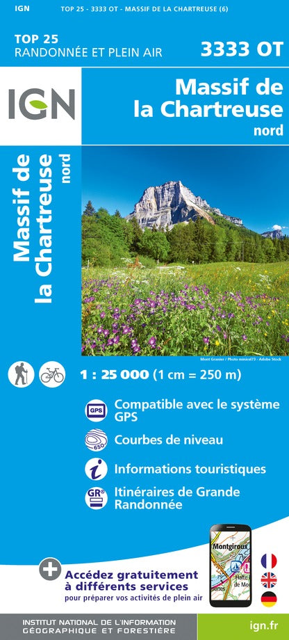Carte TOP 25 n° 3333 OT - Massif de la Chartreuse Nord (Alpes) | IGN carte de randonnée IGN