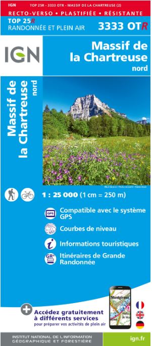 Carte TOP 25 n° 3333 OTR (résistante) - Massif de la Chartreuse Nord (Alpes) | IGN carte de randonnée IGN
