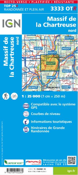 Carte TOP 25 n° 3333 OTR (résistante) - Massif de la Chartreuse Nord (Alpes) | IGN carte de randonnée IGN