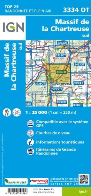 Carte TOP 25 n° 3334 OT - Massif de la Charteuse Sud (Alpes) | IGN carte pliée IGN 