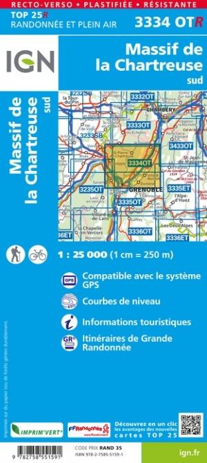 Carte TOP 25 n° 3334 OTR (résistante) - Massif de la Charteuse Sud (Alpes) | IGN carte pliée IGN 