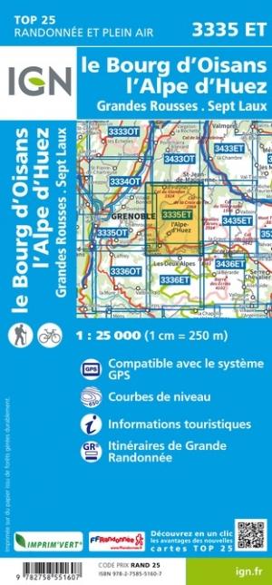 Carte TOP 25 n° 3335 ET - Bourg d'Oisans, l'Alpe d'Huez, Grandes Rousses, Sept Laux (Alpes) | IGN carte pliée IGN 