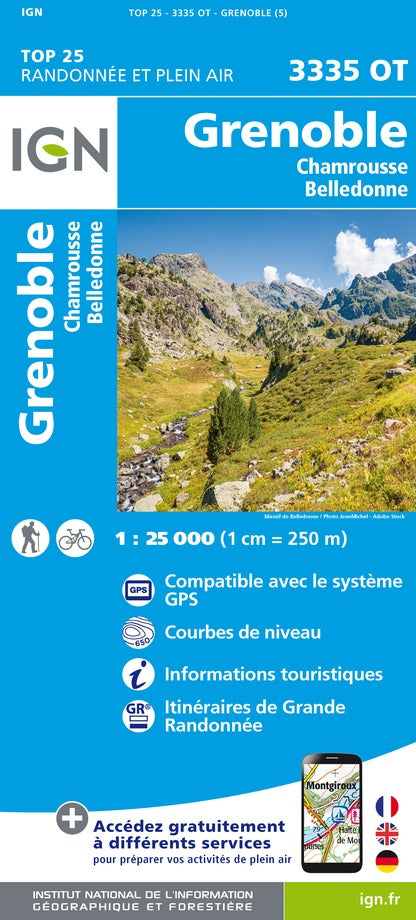 Carte TOP 25 n° 3335 OT - Grenoble, Chamrousse & chaîne de Belledonne (Alpes) | IGN carte pliée IGN 