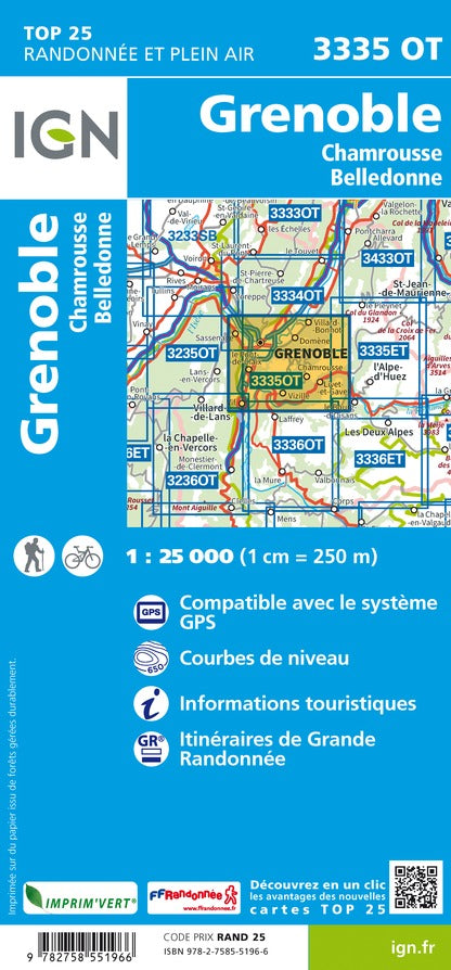 Carte TOP 25 n° 3335 OT - Grenoble, Chamrousse & chaîne de Belledonne (Alpes) | IGN carte de randonnée IGN