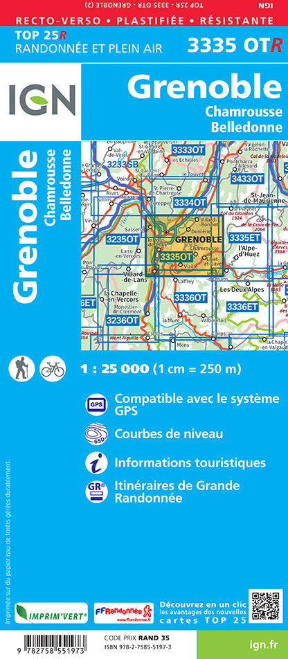 Carte TOP 25 n° 3335 OTR (résistante) - Grenoble, Chamrousse, Belledonne | IGN carte de randonnée IGN