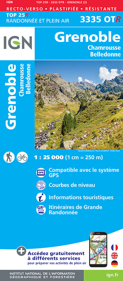 Carte TOP 25 n° 3335 OTR (résistante) - Grenoble, Chamrousse, Belledonne | IGN carte de randonnée IGN