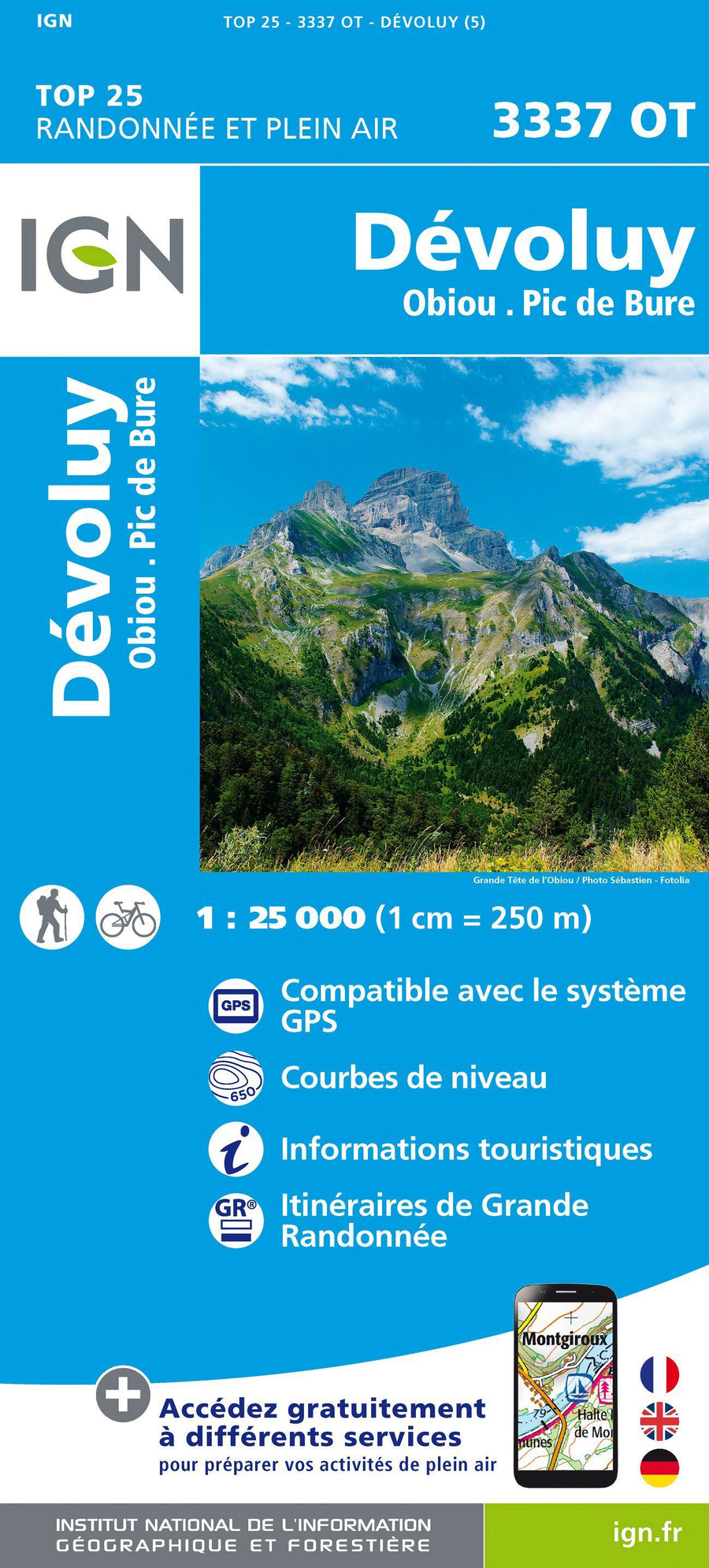 Carte TOP 25 n° 3337 OT - Massif de Dévoluy, Obiou & Pic de Bure (Alpes) | IGN carte pliée IGN 