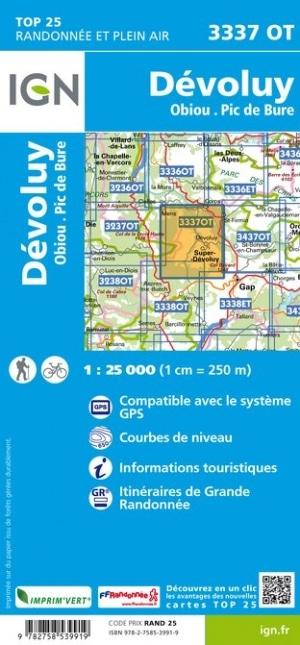 Carte TOP 25 n° 3337 OT - Massif de Dévoluy, Obiou & Pic de Bure (Alpes) | IGN carte pliée IGN 