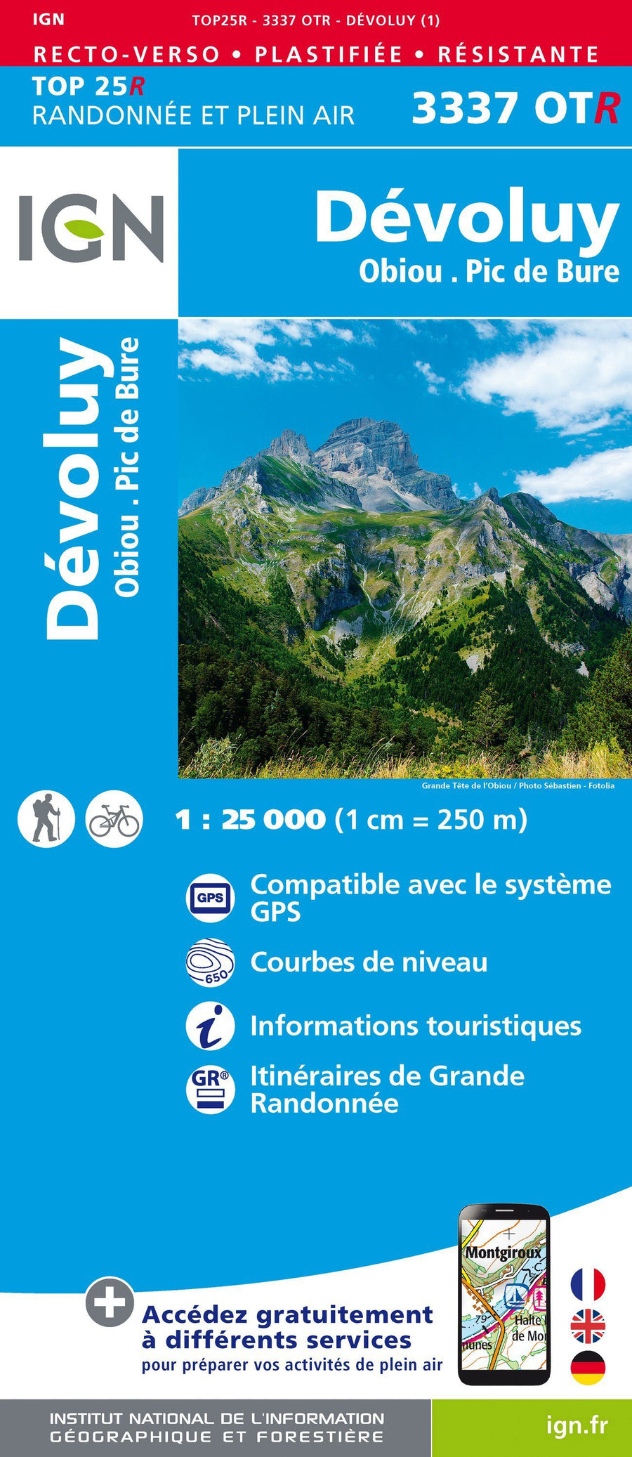 Carte TOP 25 n° 3337 OTR (résistante) - Massif de Dévoluy, Obiou & Pic de Bure (Alpes) | IGN carte pliée IGN 