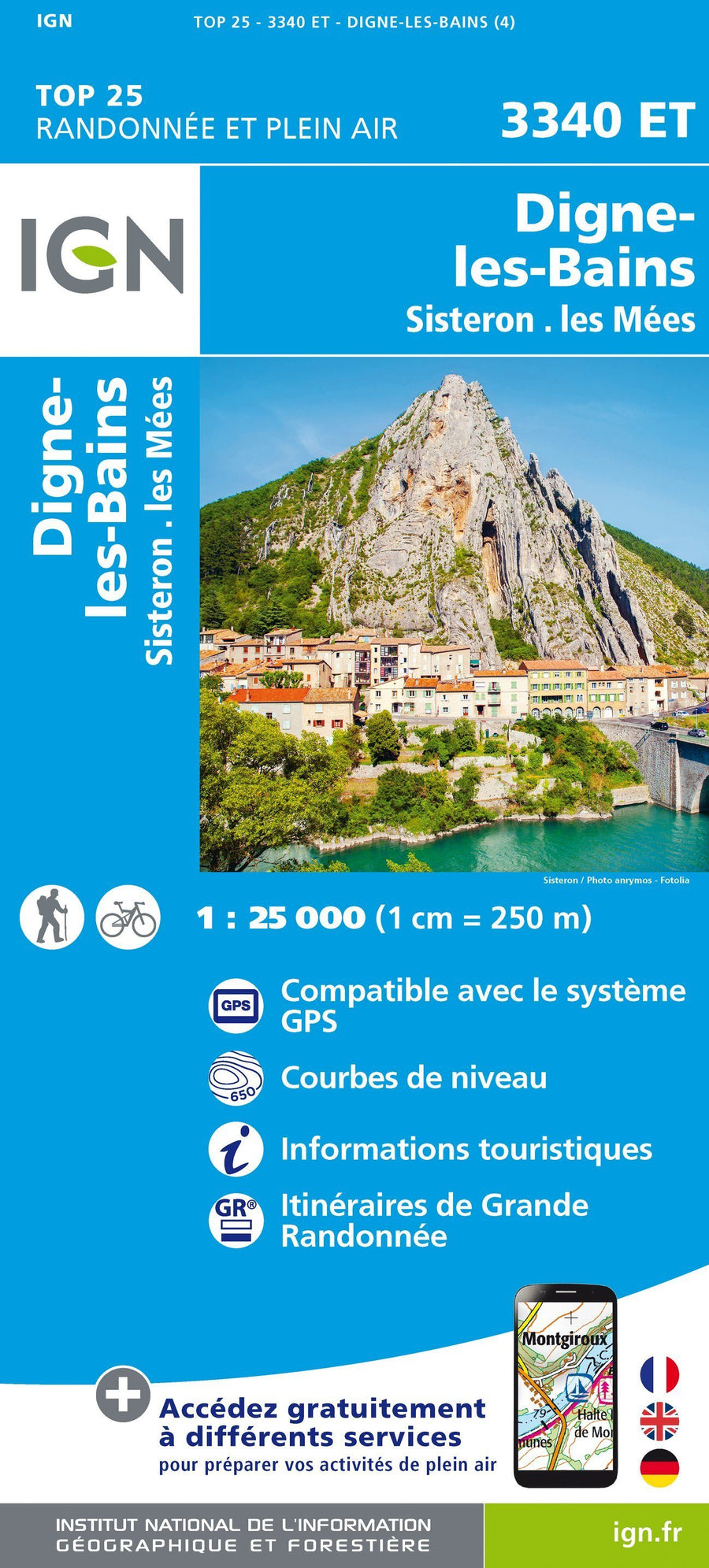 Carte TOP 25 n° 3340 ET - Digne les Bains, Sisteron & Les Mées (Alpes) | IGN carte pliée IGN 