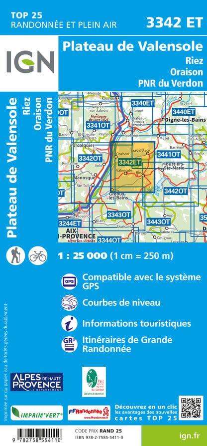 Carte TOP 25 n° 3342 ET - Plateau de Valensole, Riez & Oraison (PNR du Verdon) | IGN carte pliée IGN 