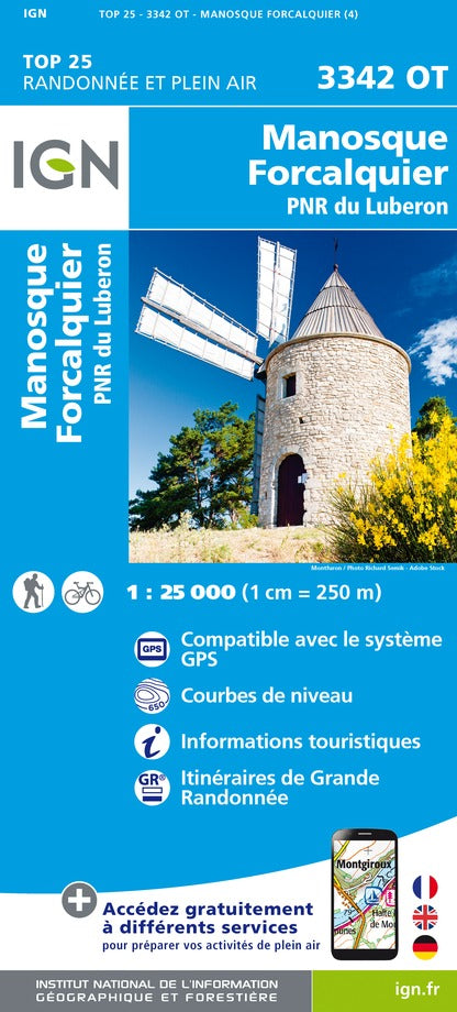 Carte TOP 25 n° 3342 OT - Manosque et Forcalquier (PNR du Lubéron) | IGN carte de randonnée IGN