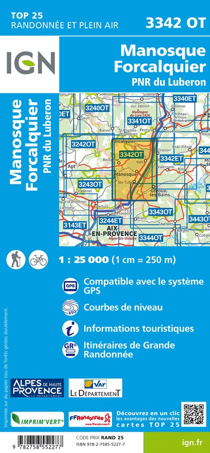 Carte TOP 25 n° 3342 OT - Manosque et Forcalquier (PNR du Lubéron) | IGN carte de randonnée IGN