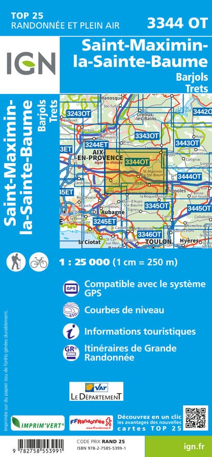 Carte TOP 25 n° 3344 OT - Saint-Maximin-la-Sainte-Baume | IGN carte pliée IGN 