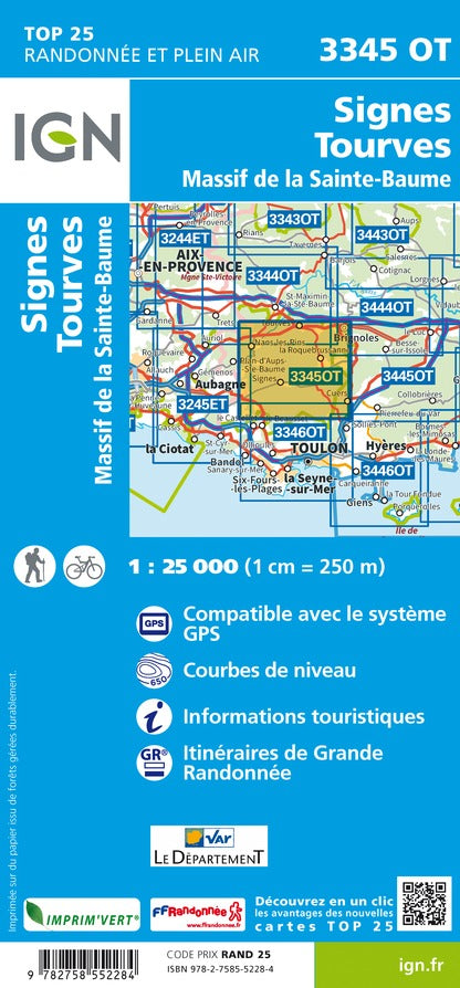 Carte TOP 25 n° 3345 OT - Signes, Tourves, Massif de la Sainte-Baume | IGN carte de randonnée IGN