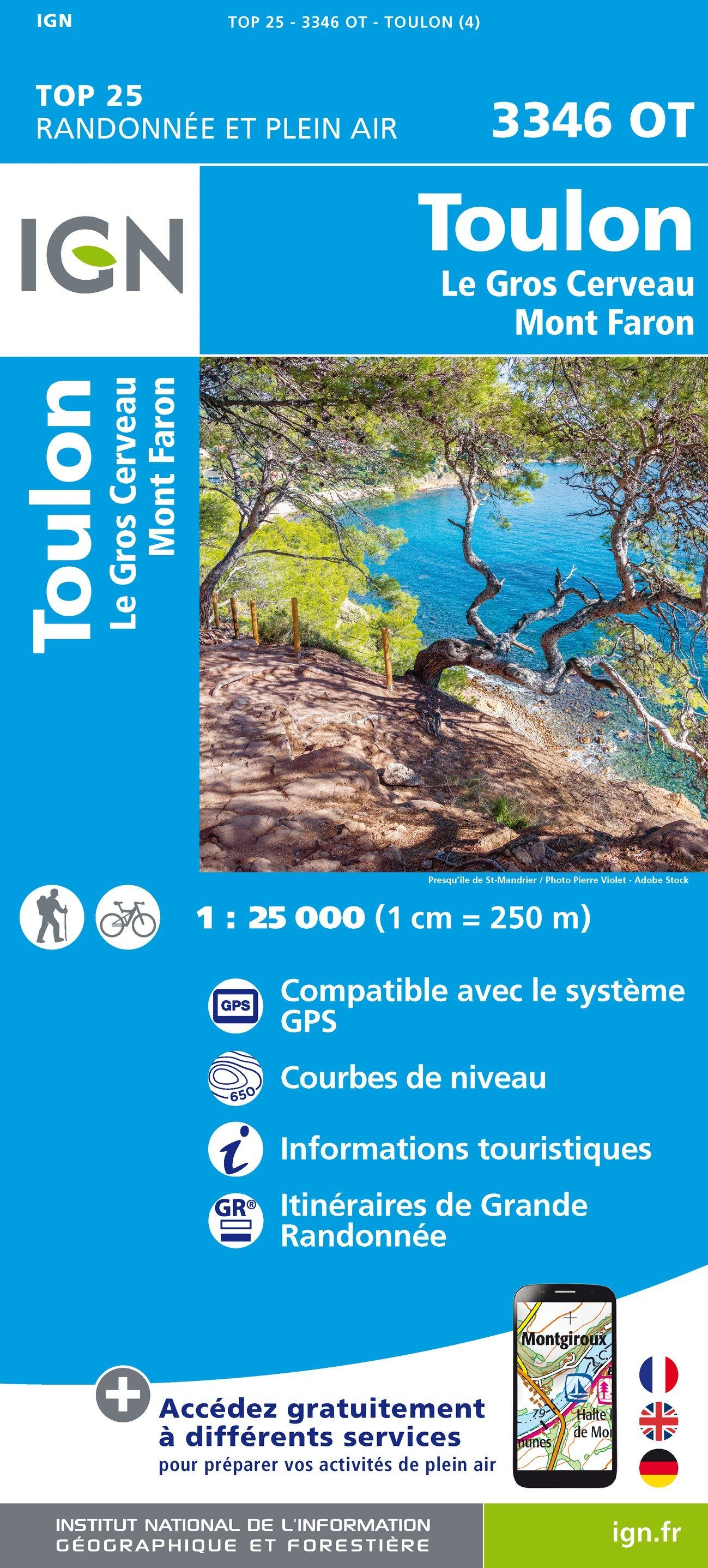 Carte TOP 25 n° 3346 OT - Toulon, Le Gros Cerveau, Mont Faron | IGN carte de randonnée IGN