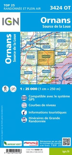 Carte TOP 25 n° 3424 OT - Ornans, Source de la Loue | IGN carte de randonnée IGN