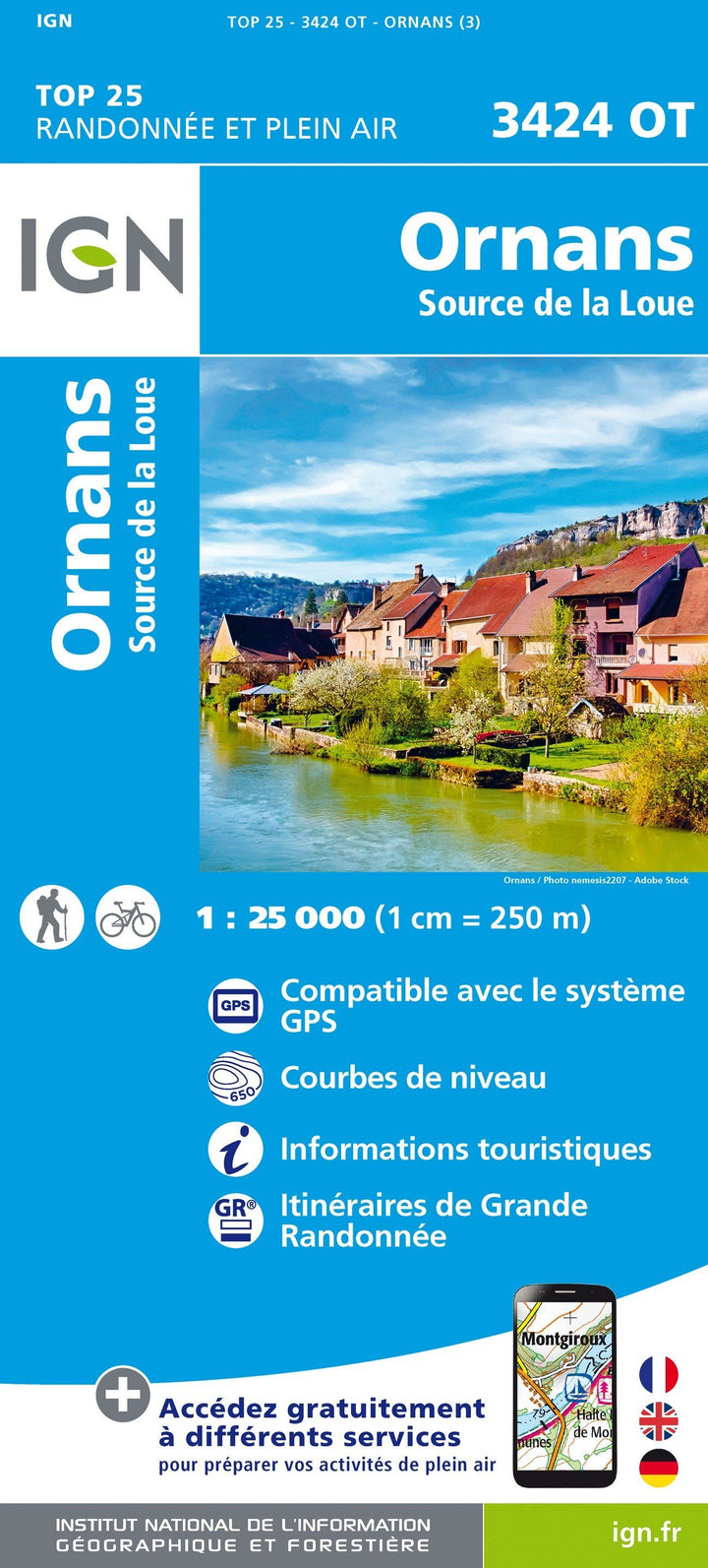 Carte TOP 25 n° 3424 OT - Ornans, Source de la Loue | IGN carte pliée IGN 