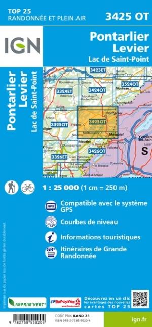 Carte TOP 25 n° 3425 OT - Pontarlier, Levier, Lac de St-Point | IGN carte de randonnée IGN