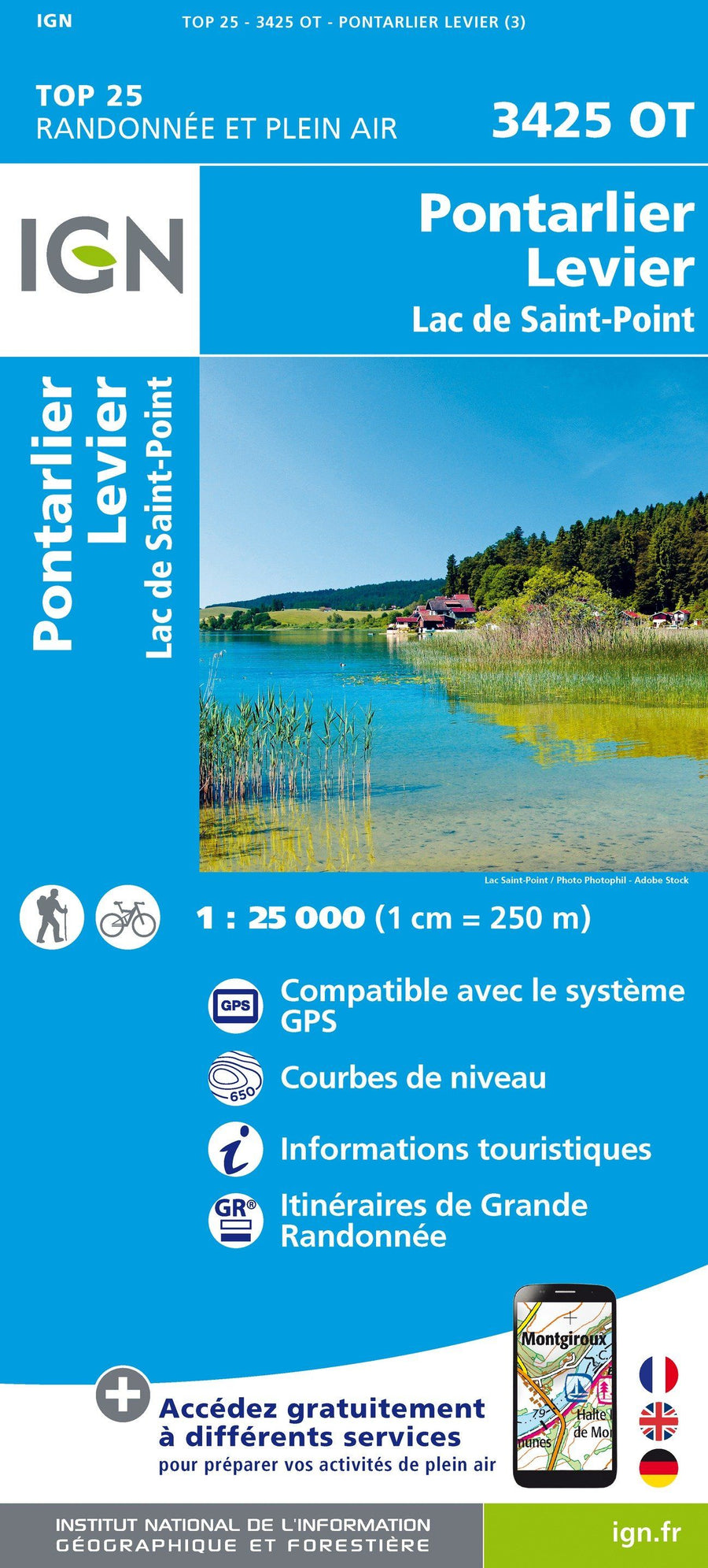 Carte TOP 25 n° 3425 OT - Pontarlier, Levier, Lac de St-Point | IGN carte pliée IGN 