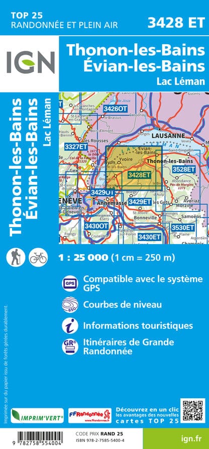 Carte TOP 25 n° 3428 ET - Thonon-les-bains, Evian-les-Bains & lac Léman (Alpes) | IGN carte de randonnée IGN