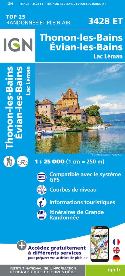 Carte TOP 25 n° 3428 ET - Thonon-les-bains, Evian-les-Bains & lac Léman (Alpes) | IGN carte de randonnée IGN