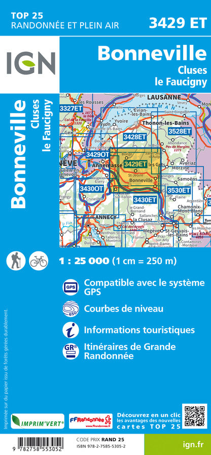 Carte TOP 25 n° 3429 ET - Bonneville (Alpes) | IGN carte de randonnée IGN
