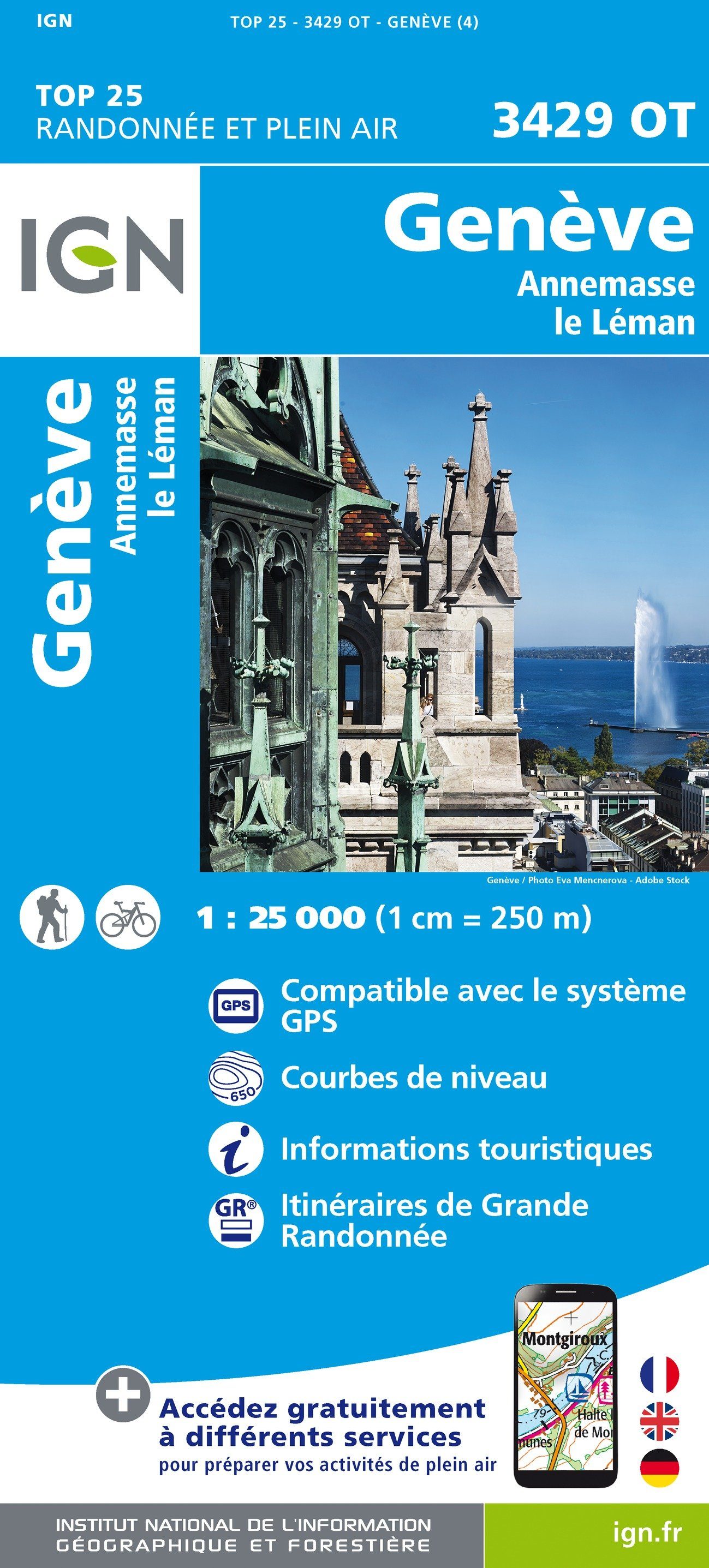 Carte TOP 25 n° 3429 OT - Genève, Anemasse & lac Léman (Alpes) | IGN carte de randonnée IGN